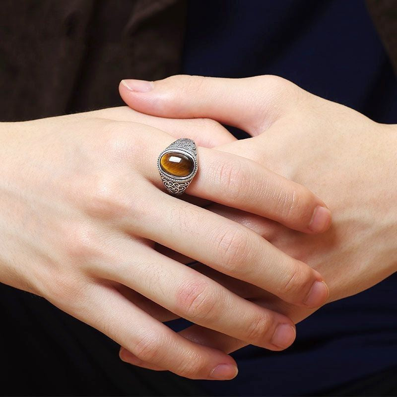 Wholesale S925 silver tiger eye stone live mouth men's ring